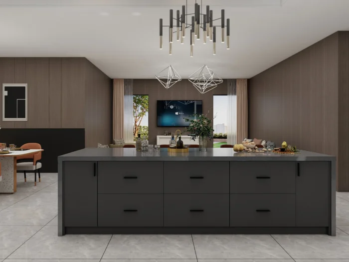 Sleek black cabinets showing custom kitchen cabinet cost example