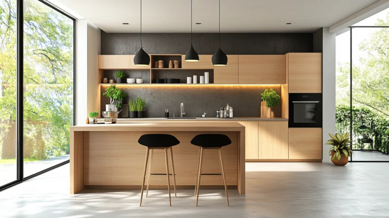 Modern kitchen showcasing maple kitchen cabinets with sleek design and light wood tones.