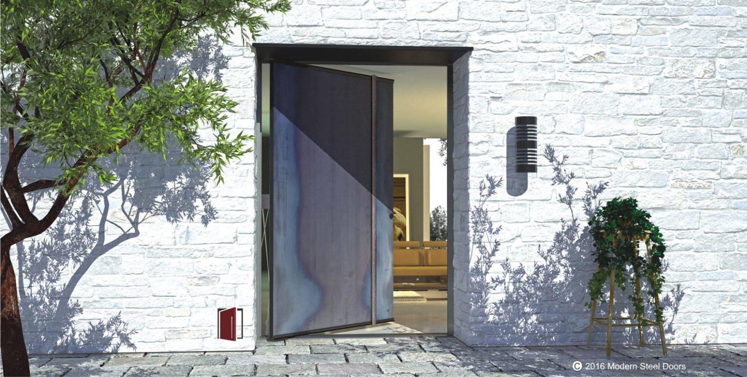 modern exterior -steel-pivot-front-door