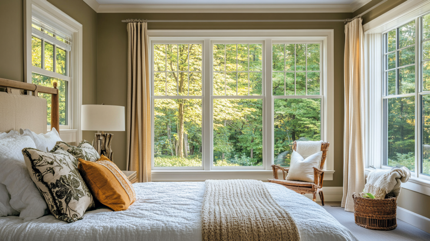 modern white aluminum framed double hung windows in the bedroom