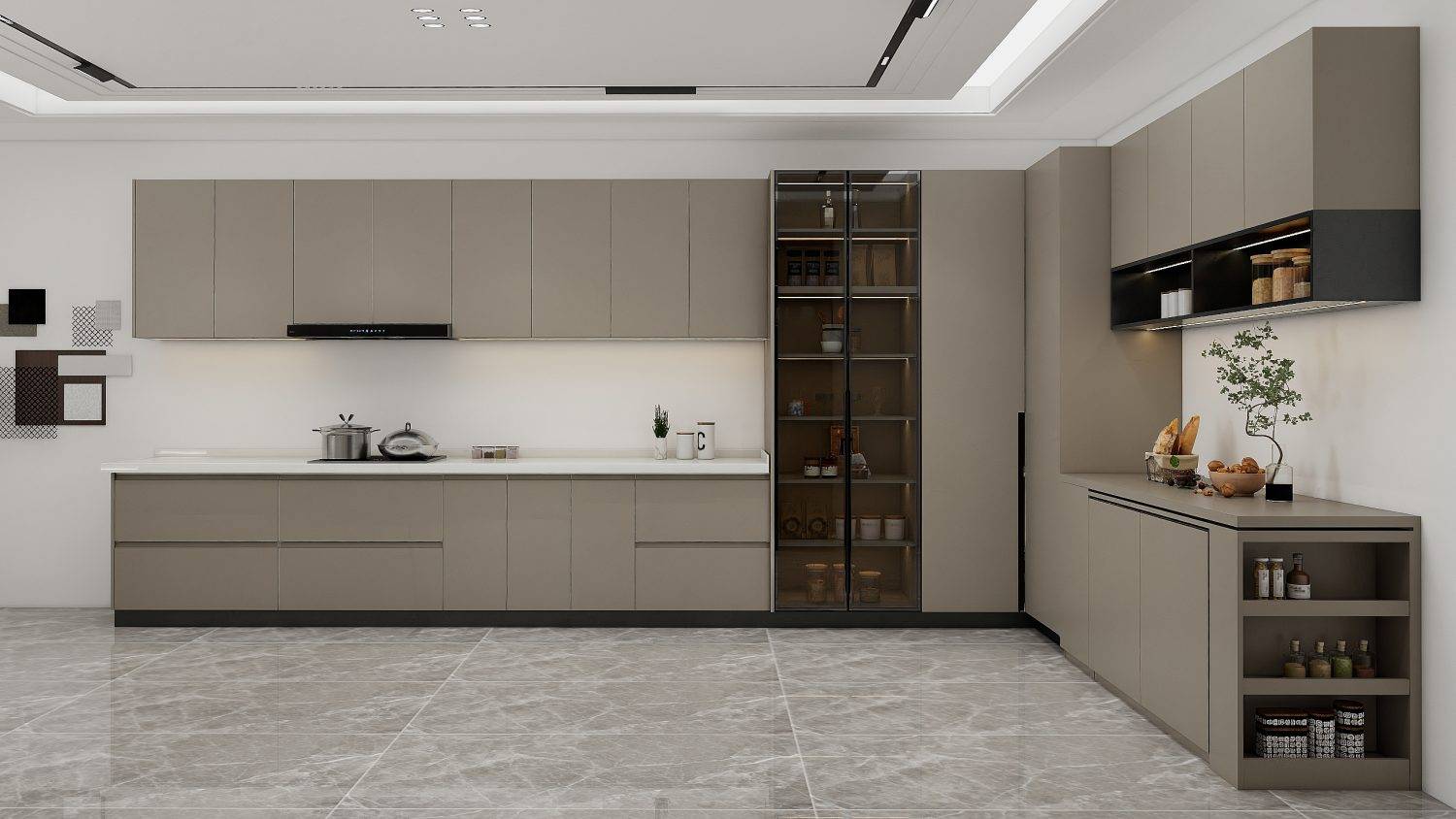 L-shape grey modern wooden kitchen-cabinets