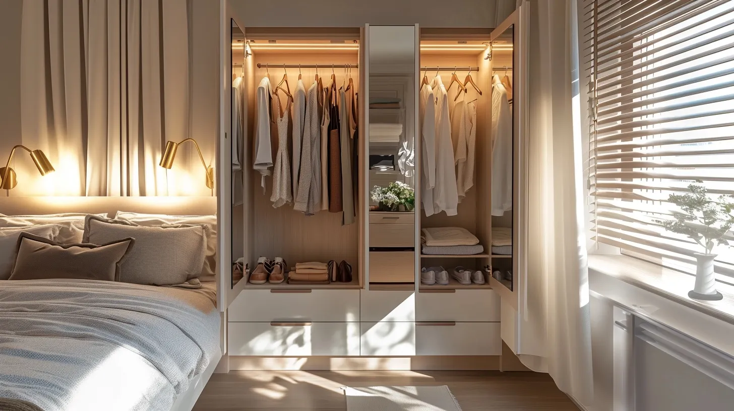 opening hinged wardrobe doors with a bed beside