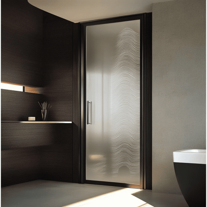 Stylish bathroom door with frosted glass featuring wave-like patterns and modern black frame, perfect for contemporary interiors.