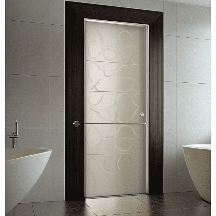 Stylish bathroom door with etched glass design, framed with dark wood for contemporary bathroom interiors.