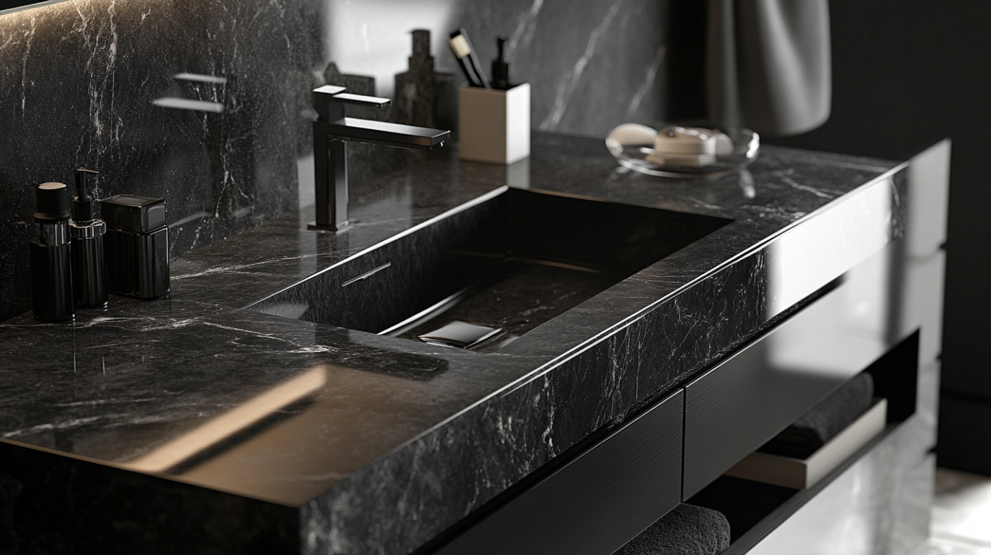 Close-up of a durable quartz hotel bathroom vanity