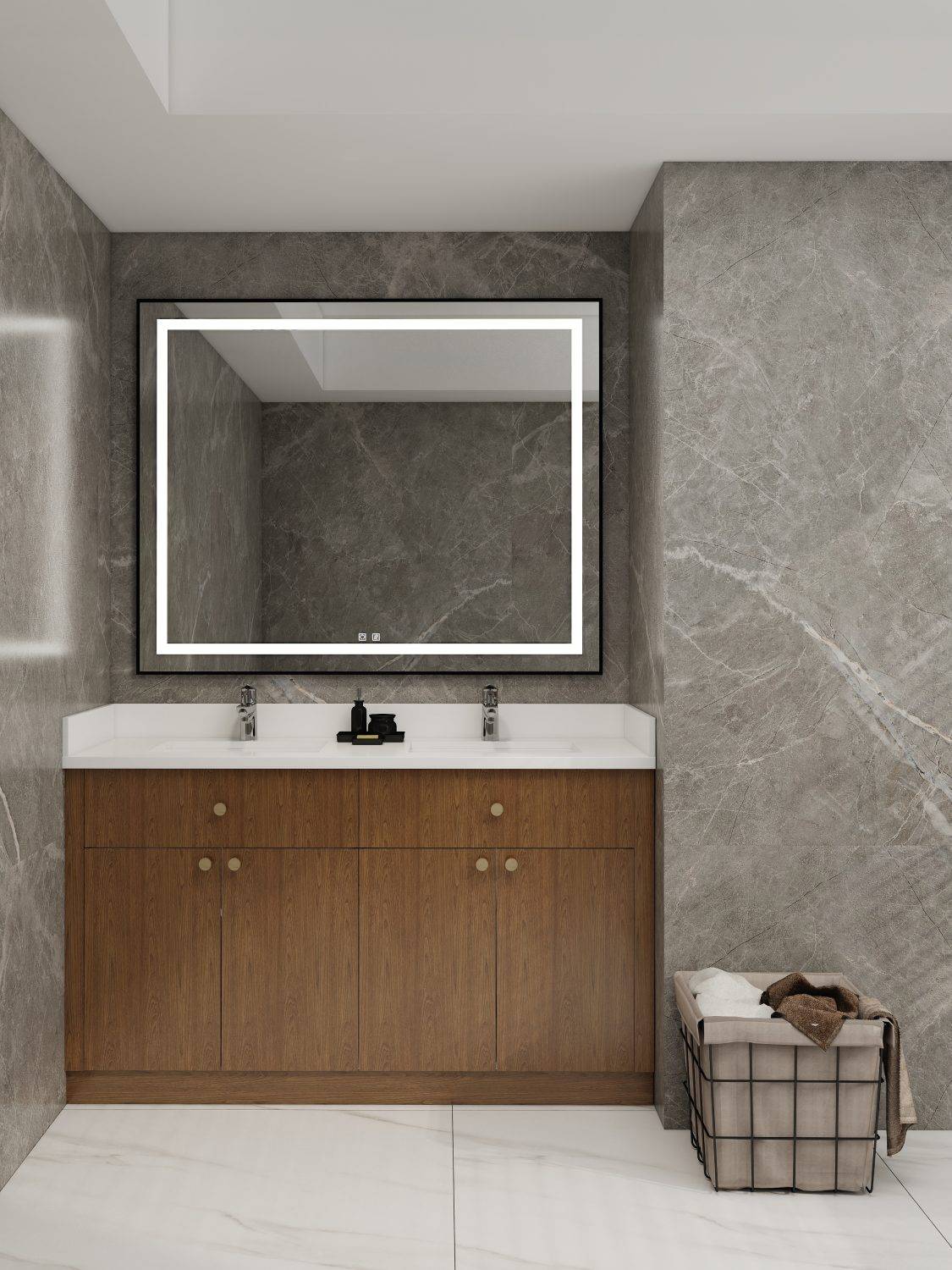 Modern RTA bathroom vanity with dual sinks and a large mirror
