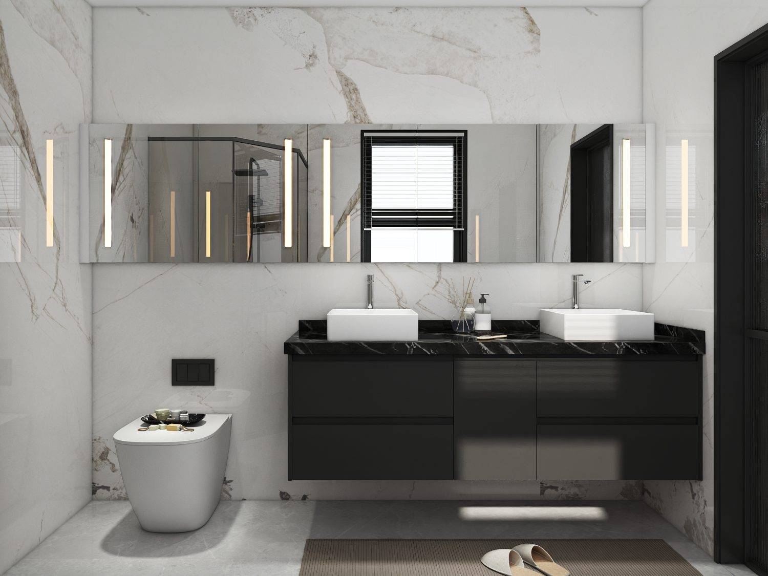 Modern black RTA vanity cabinets with dual sinks and stylish design