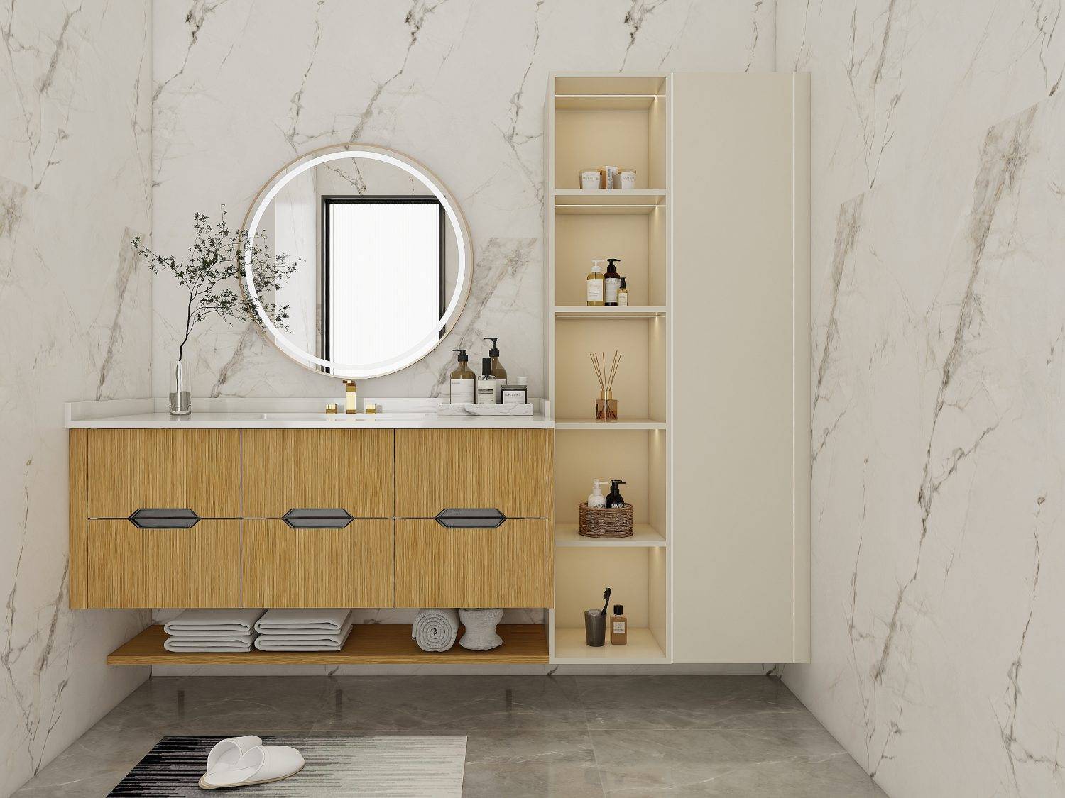 Choosing the Right RTA Bathroom Cabinets for Your Project 6 Natural wood RTA bathroom vanity with modern fixtures