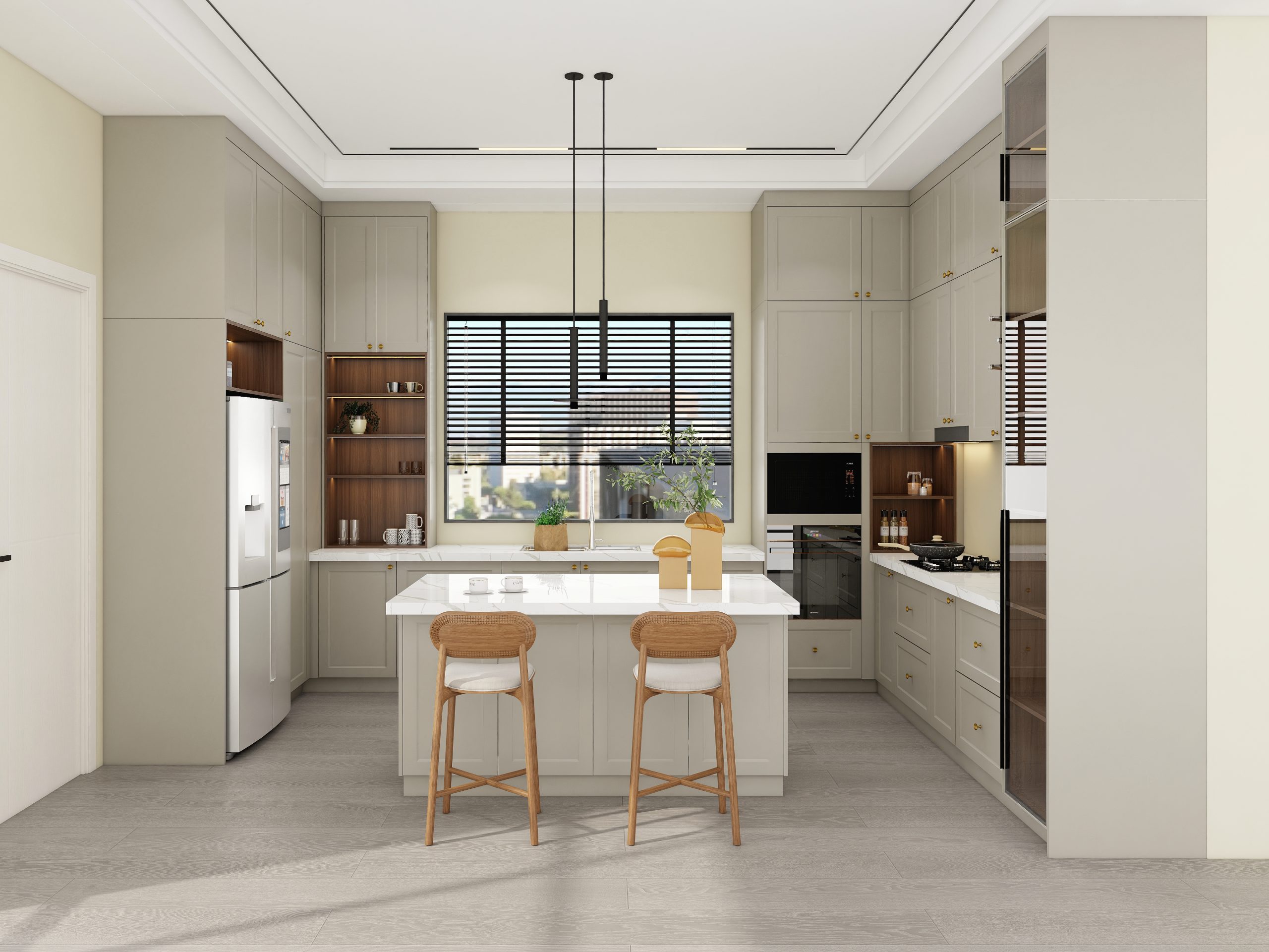 shaker-style RTA kitchen cabinets with gold hardware and an island
