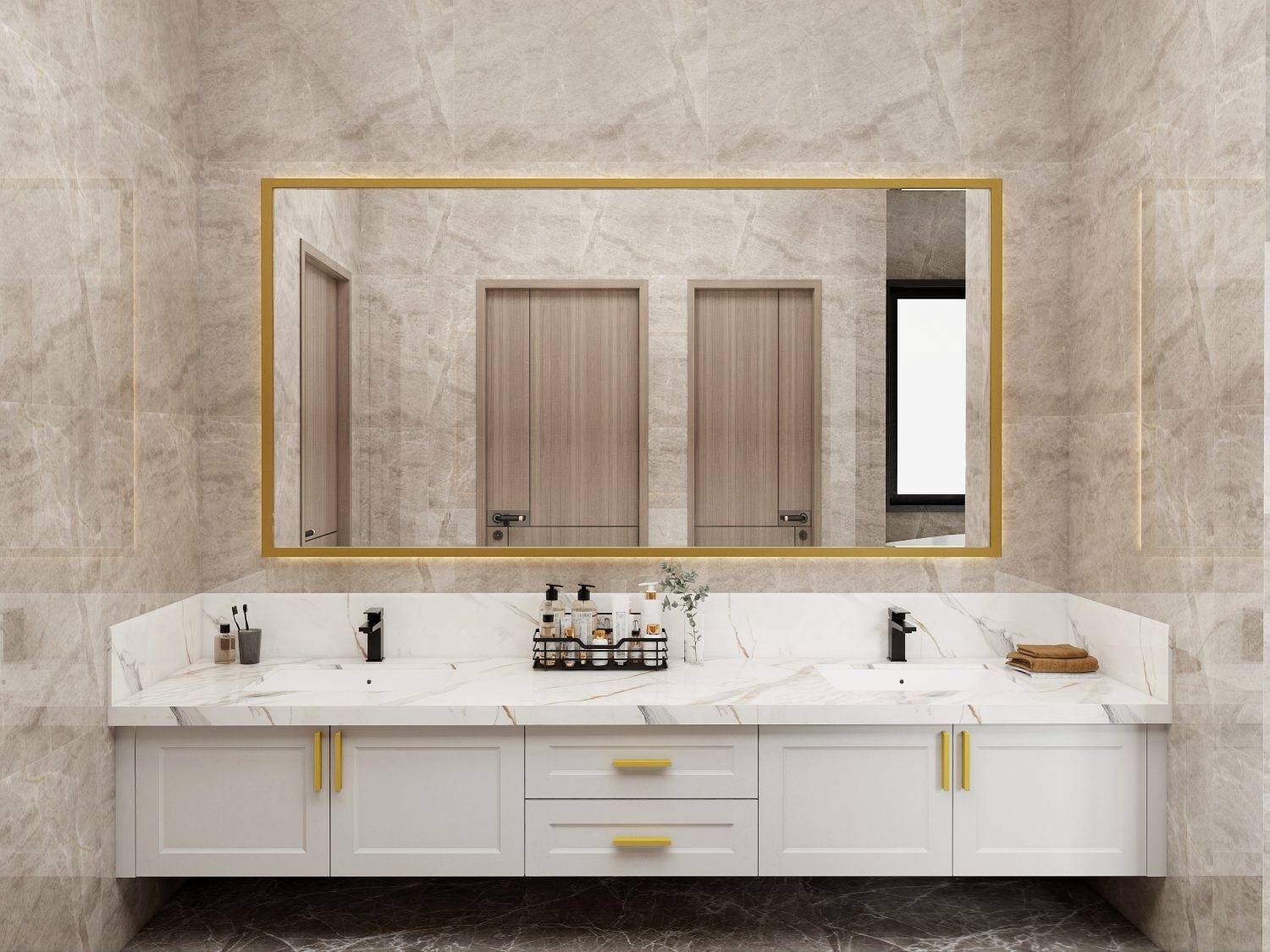 Elegant shaker RTA bathroom vanity with luxurious finishes and gold accents