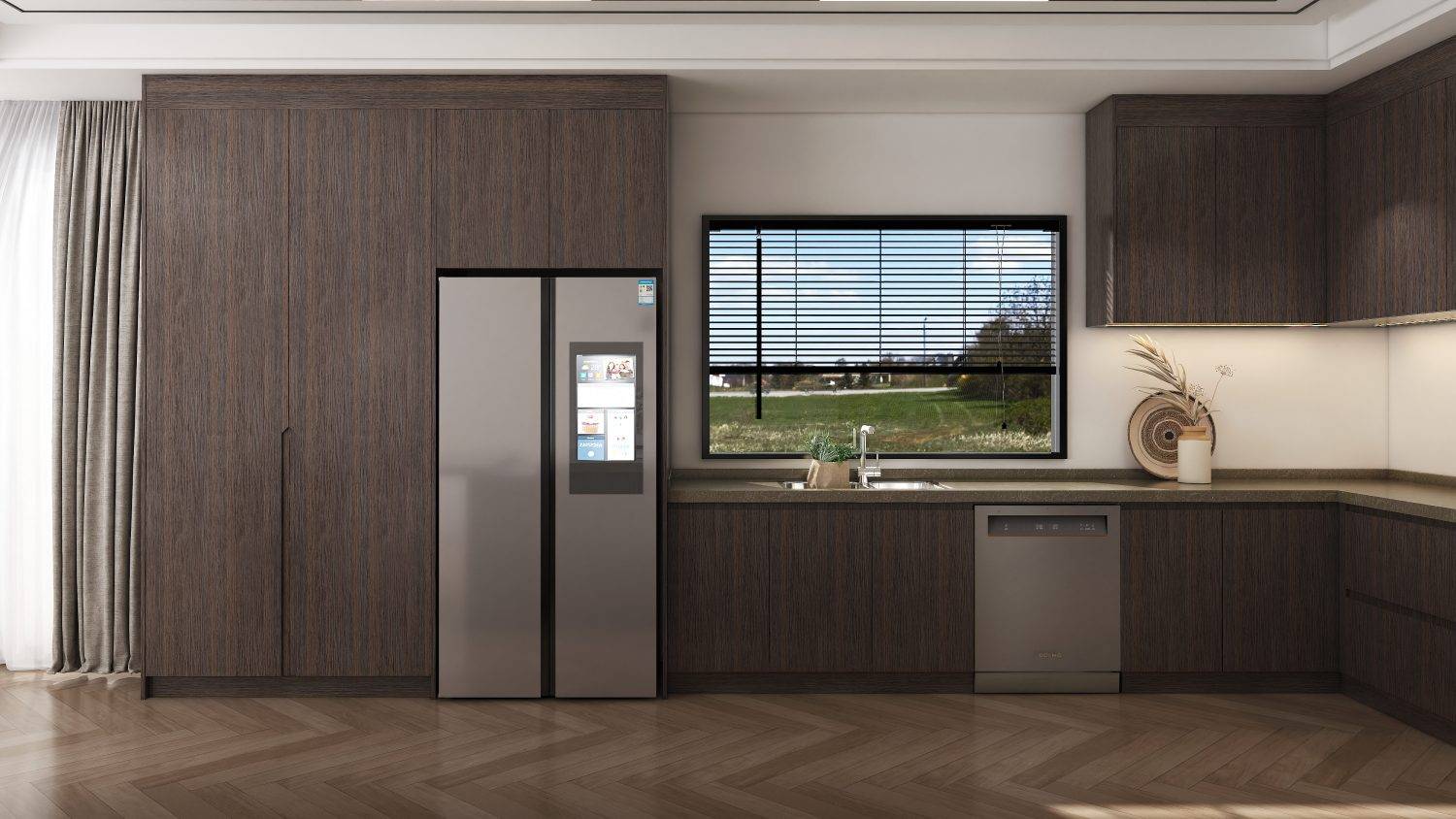 Solid wooden kitchen cabinets with marble countertops and modern appliances