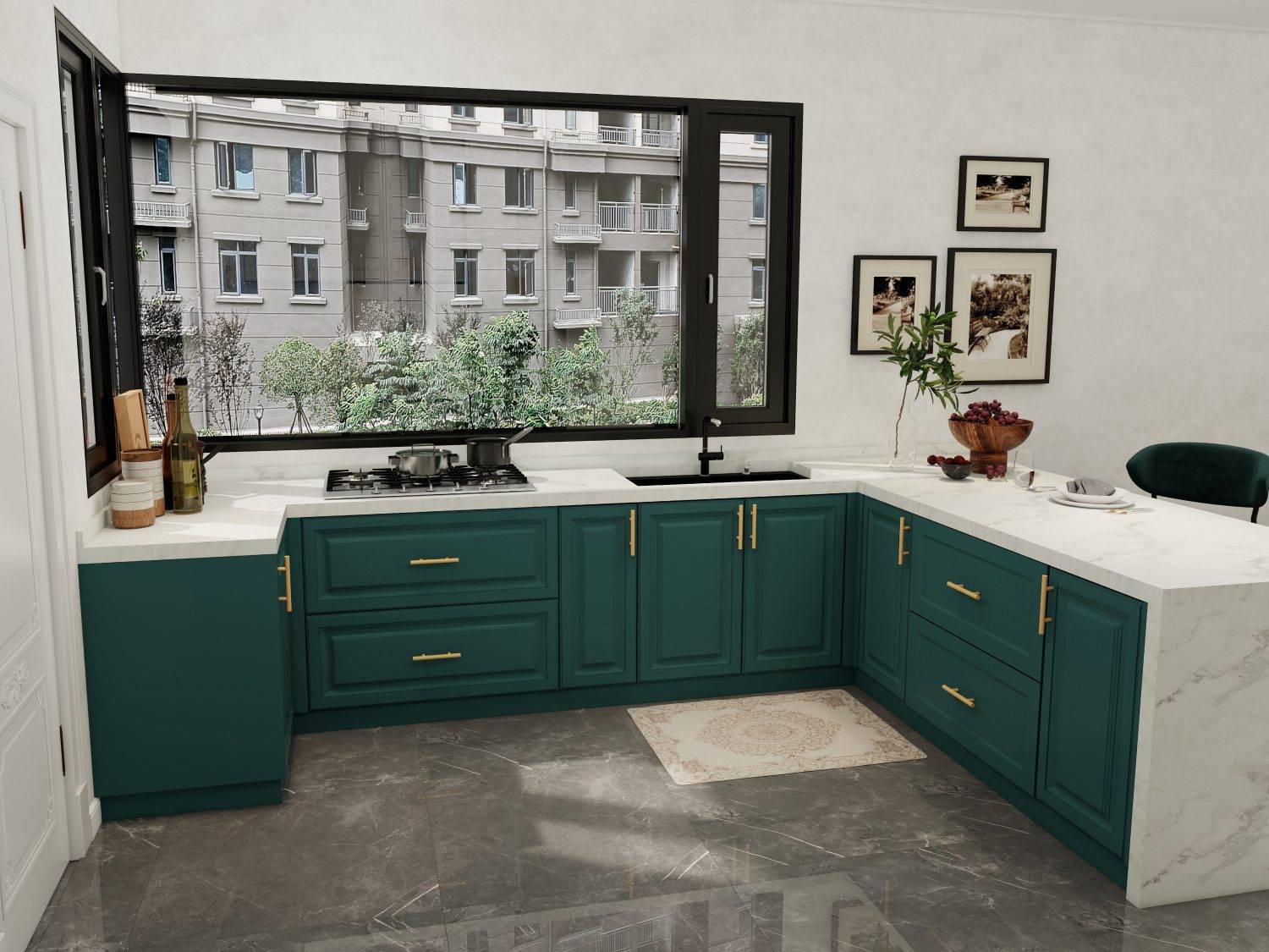 teal color kitchen cabinets with golden hardware