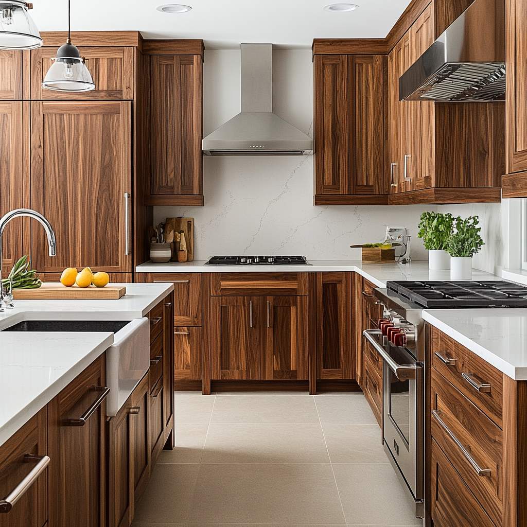Traditional kitchen featuring walnut RTA cabinets and white countertops