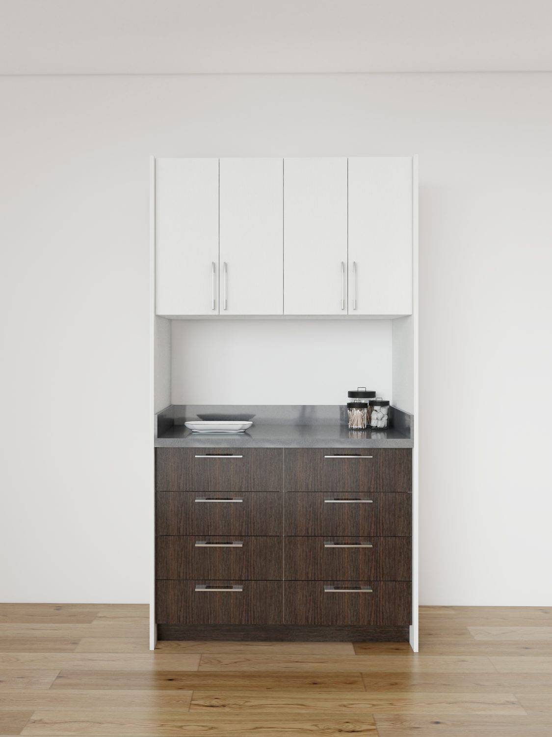 white vertical file cabinet integrated into a desk for office storage