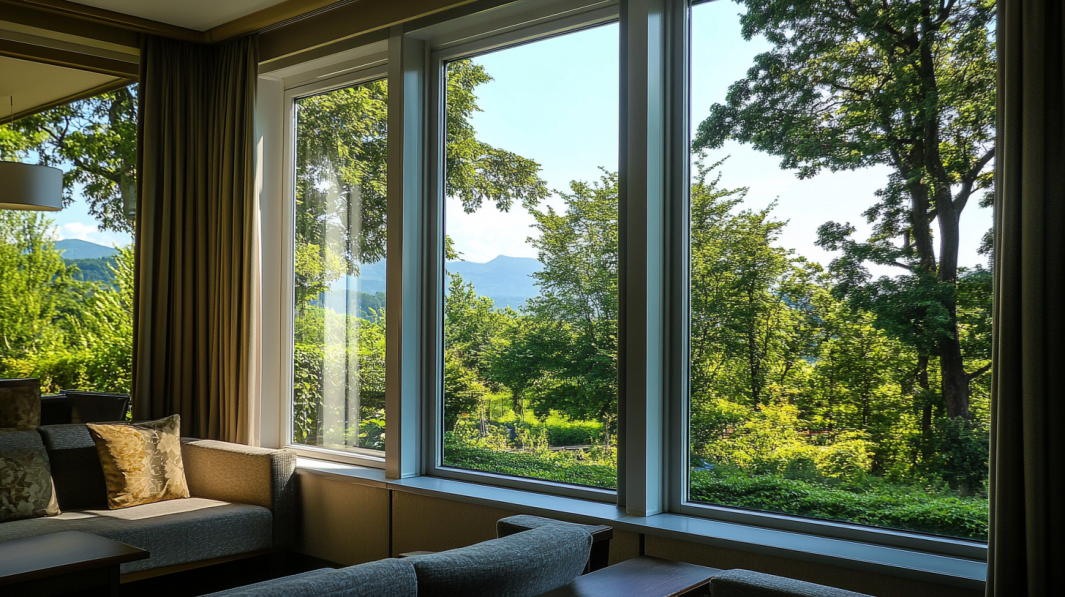 Inviting living room featuring expansive windows and a tranquil forest backdrop