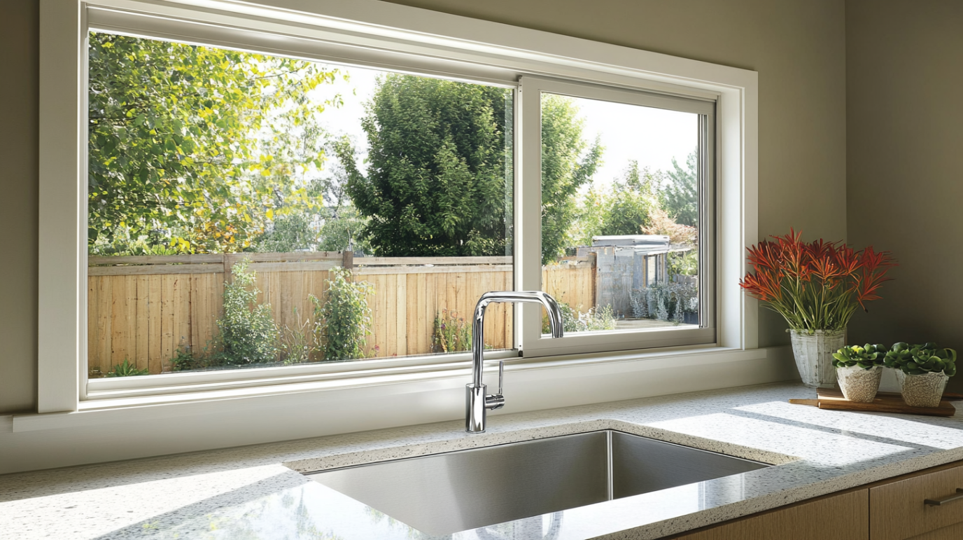 house kitchen design with white aluminum sliding windows