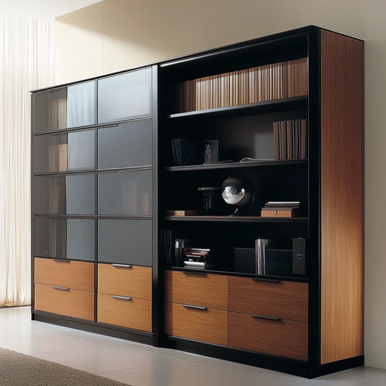 Wooden file cabinet with shelves offering both filing and storage space