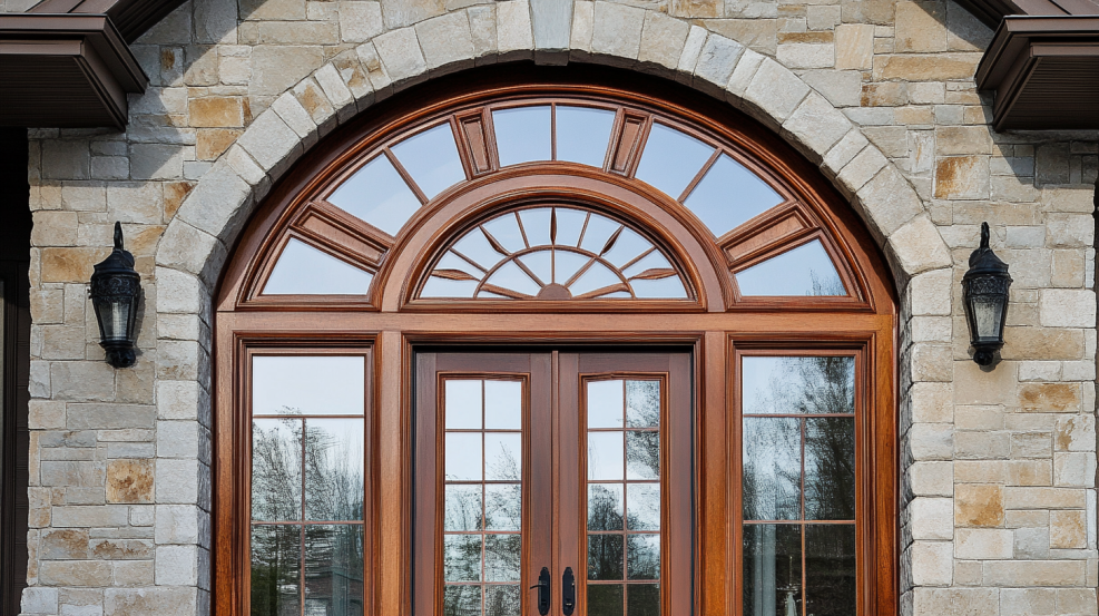 wooden special shaped transom windows on the front door