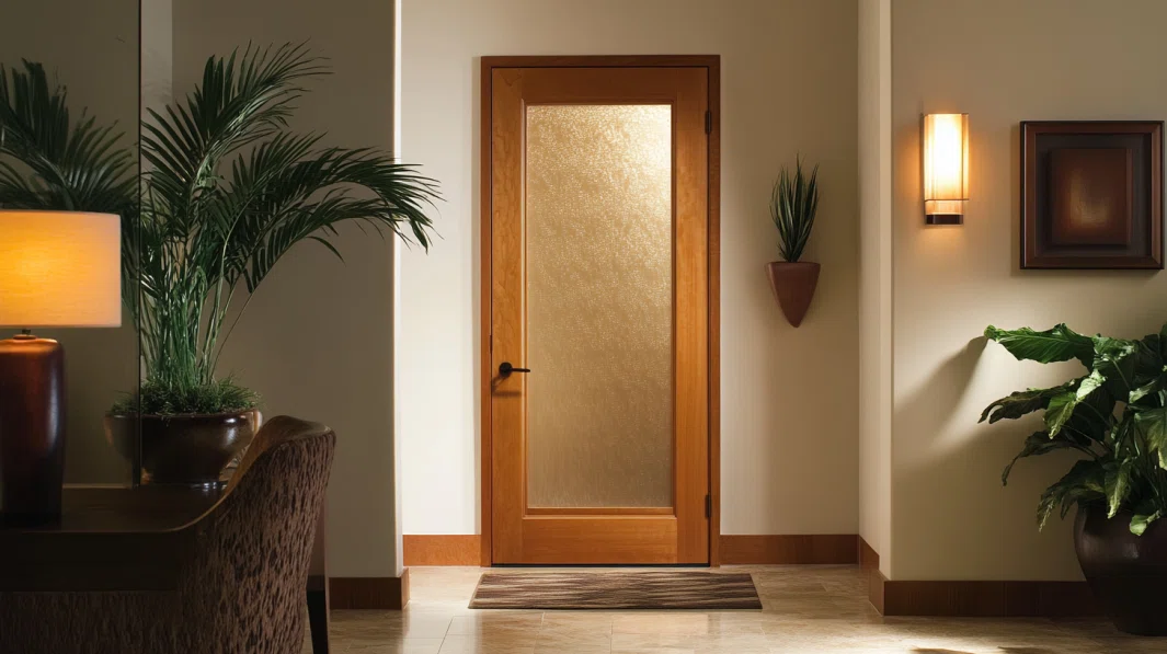 wooden-swinging-door-with-frosted-glass