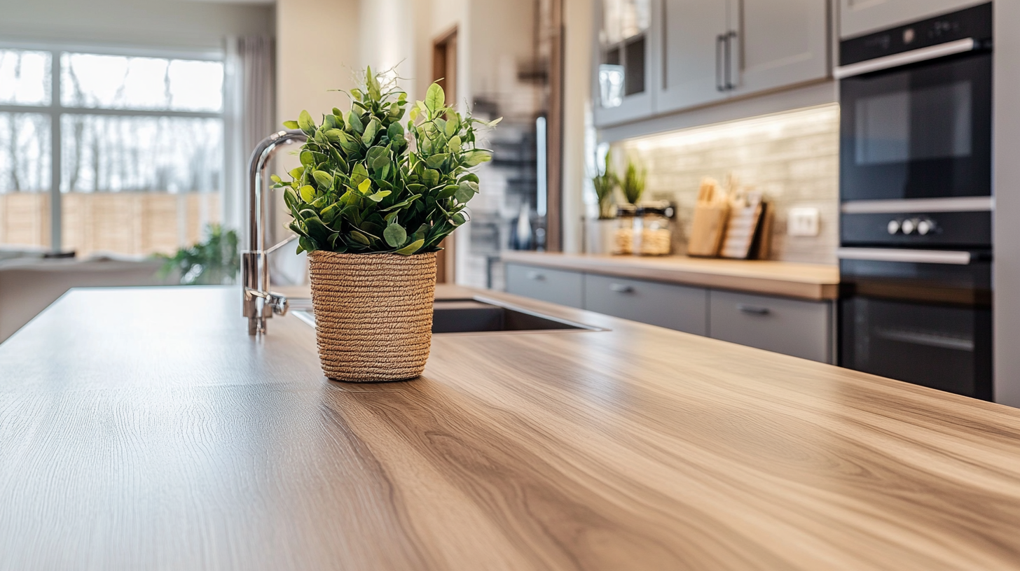 A modern kitchen with laminate countertops and wooden cabinetry.