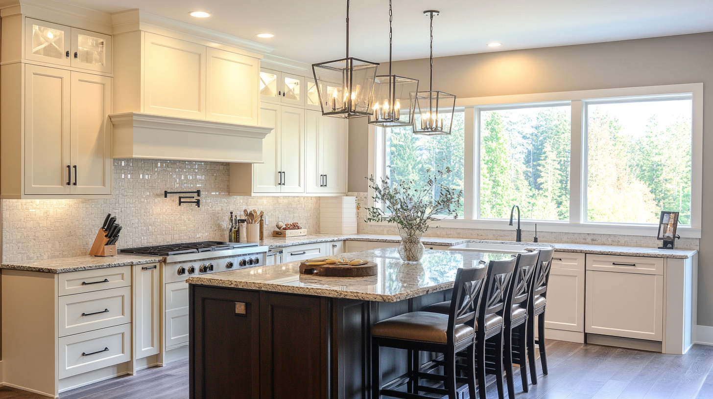Spacious ivory kitchen with natural light pouring in from large windows. The layout features an expansive island and functional cabinetry, ideal for both family cooking and casual dining.