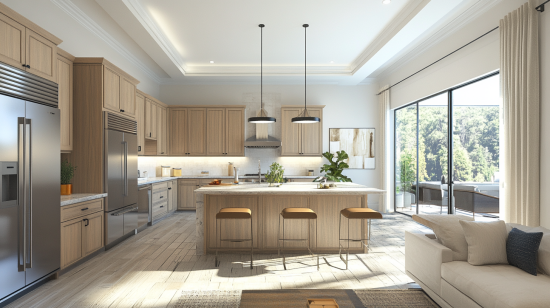 Interior featuring bright modern hickory kitchen cabinets and large windows.