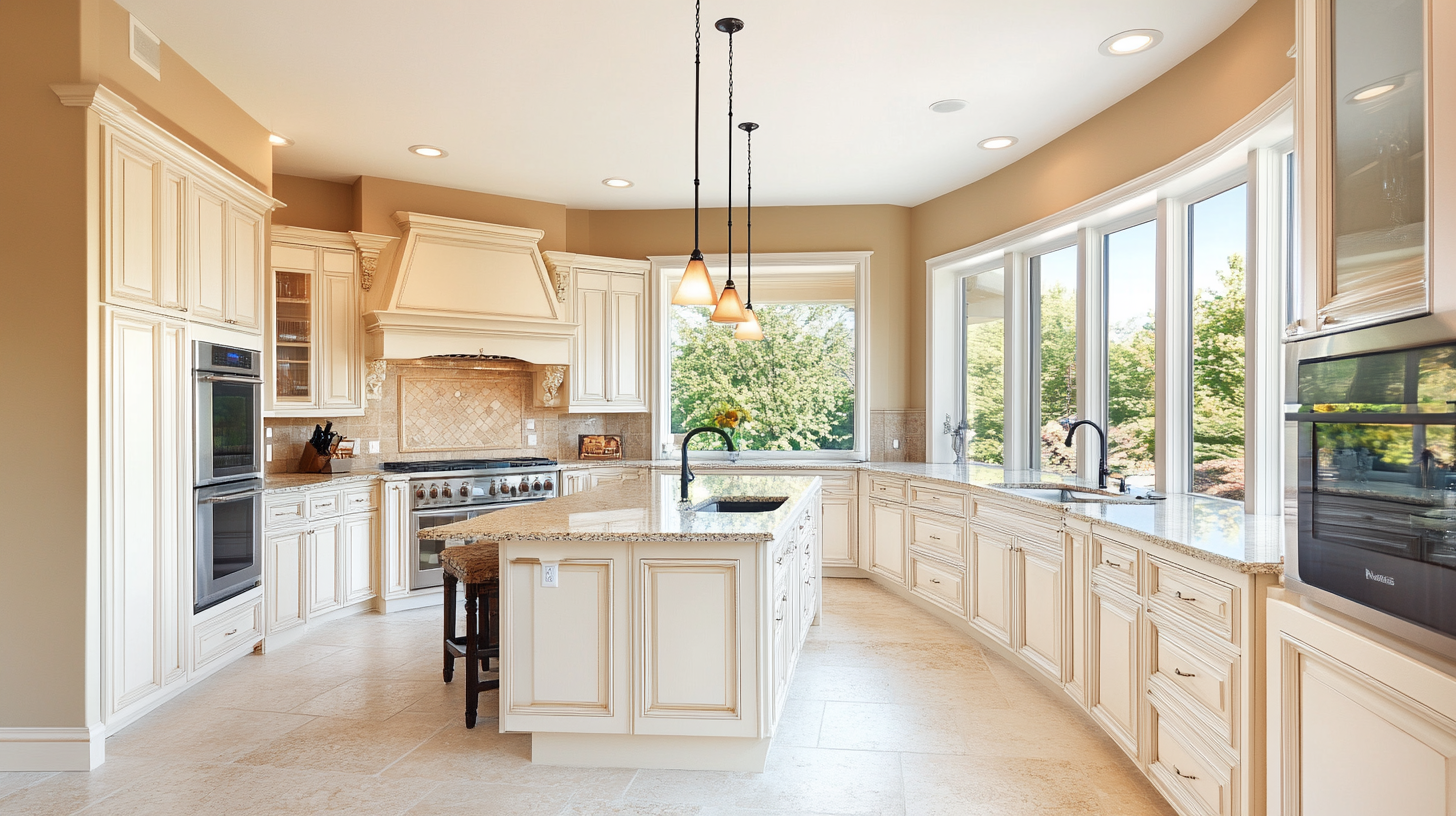 A bright and airy kitchen with ivory cabinetry and a spacious island. The room features large windows that flood the space with natural light, highlighting the soft tones of the ivory cabinets and the elegant granite countertops. The design is both functional and stylish, with a clean and open feel.