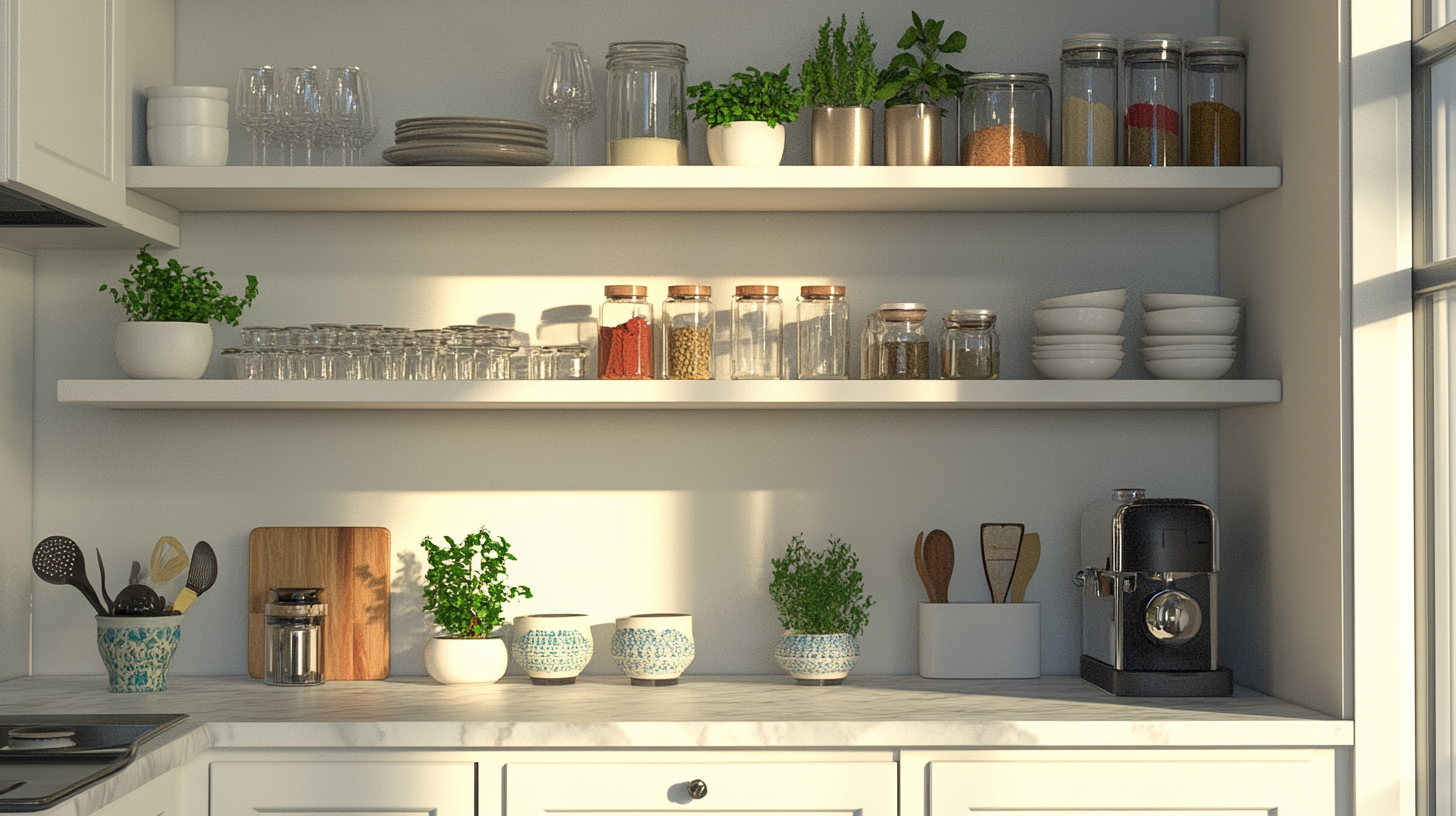 A chic ivory kitchen with a stone backsplash, natural wood table, and modern kitchen appliances.