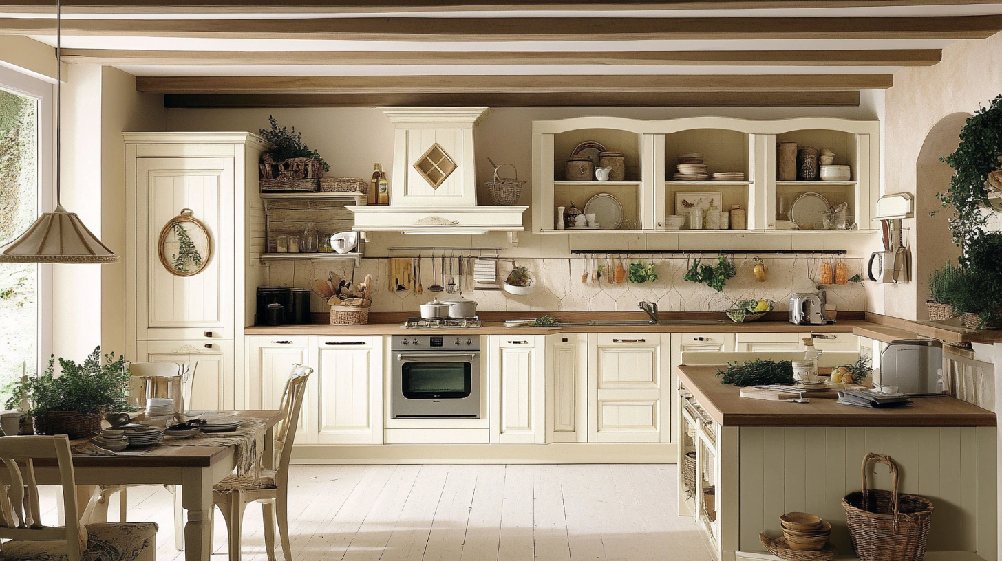 A classic ivory kitchen with wooden beams, a wooden countertop, and open shelving that showcases kitchen essentials.