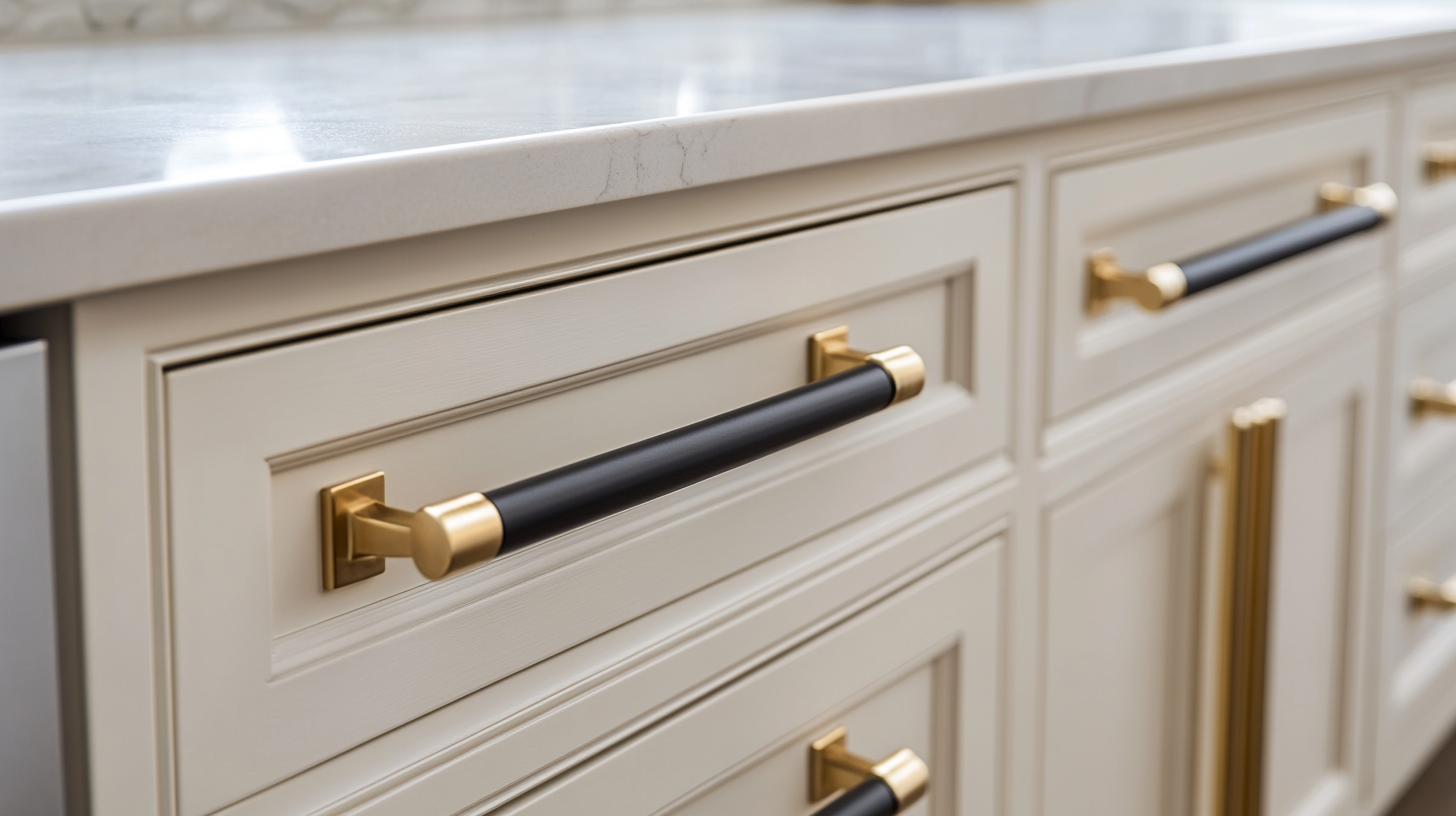 A contemporary kitchen with ivory cabinetry and elegant matte black and brushed gold hardware. The large island and clean lines of the design make the kitchen feel spacious and sophisticated.