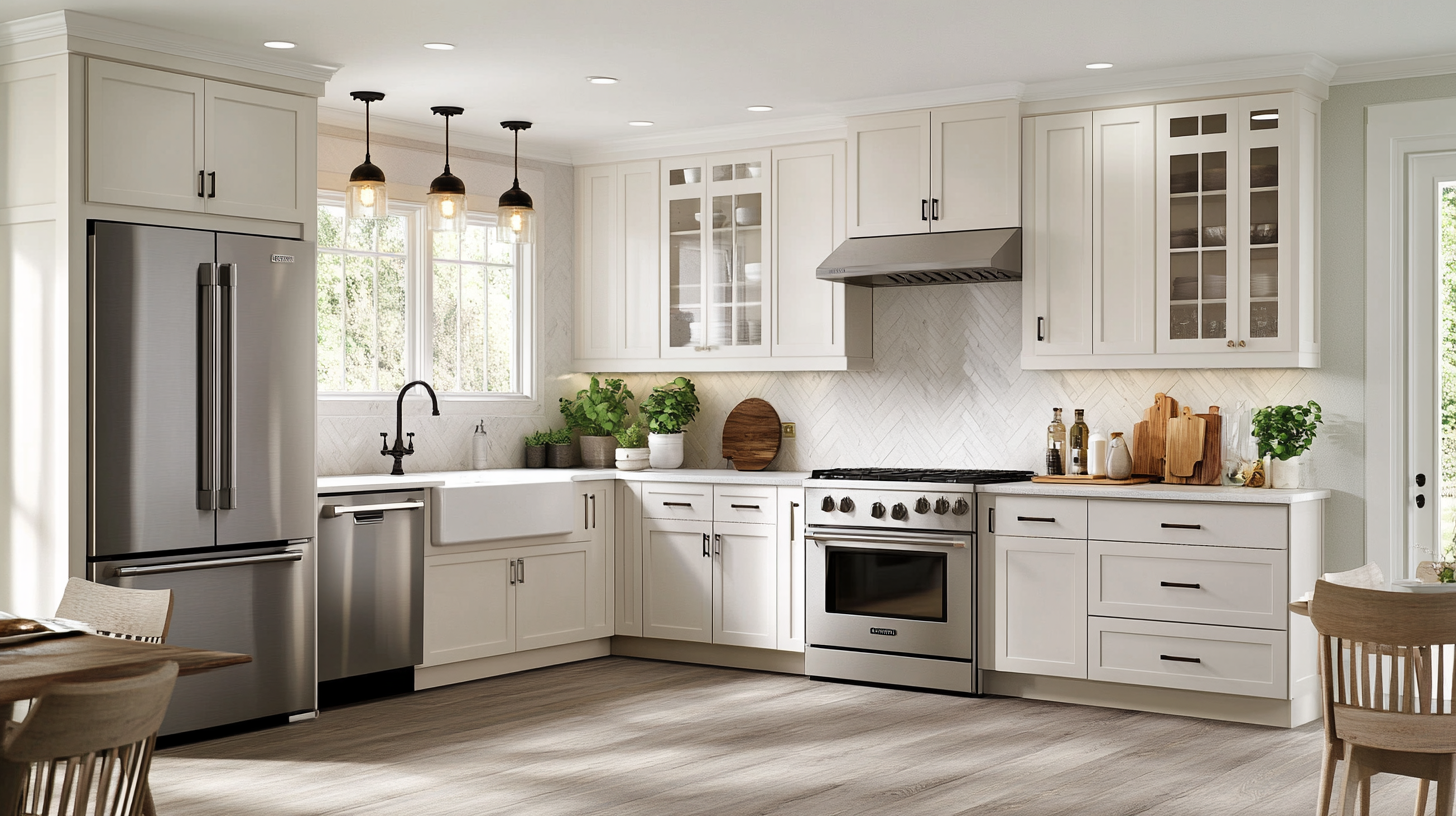 Bright and inviting ivory kitchen with stainless steel appliances, modern cabinetry, and a cozy dining area. The space is flooded with natural light, enhancing the open and fresh atmosphere.