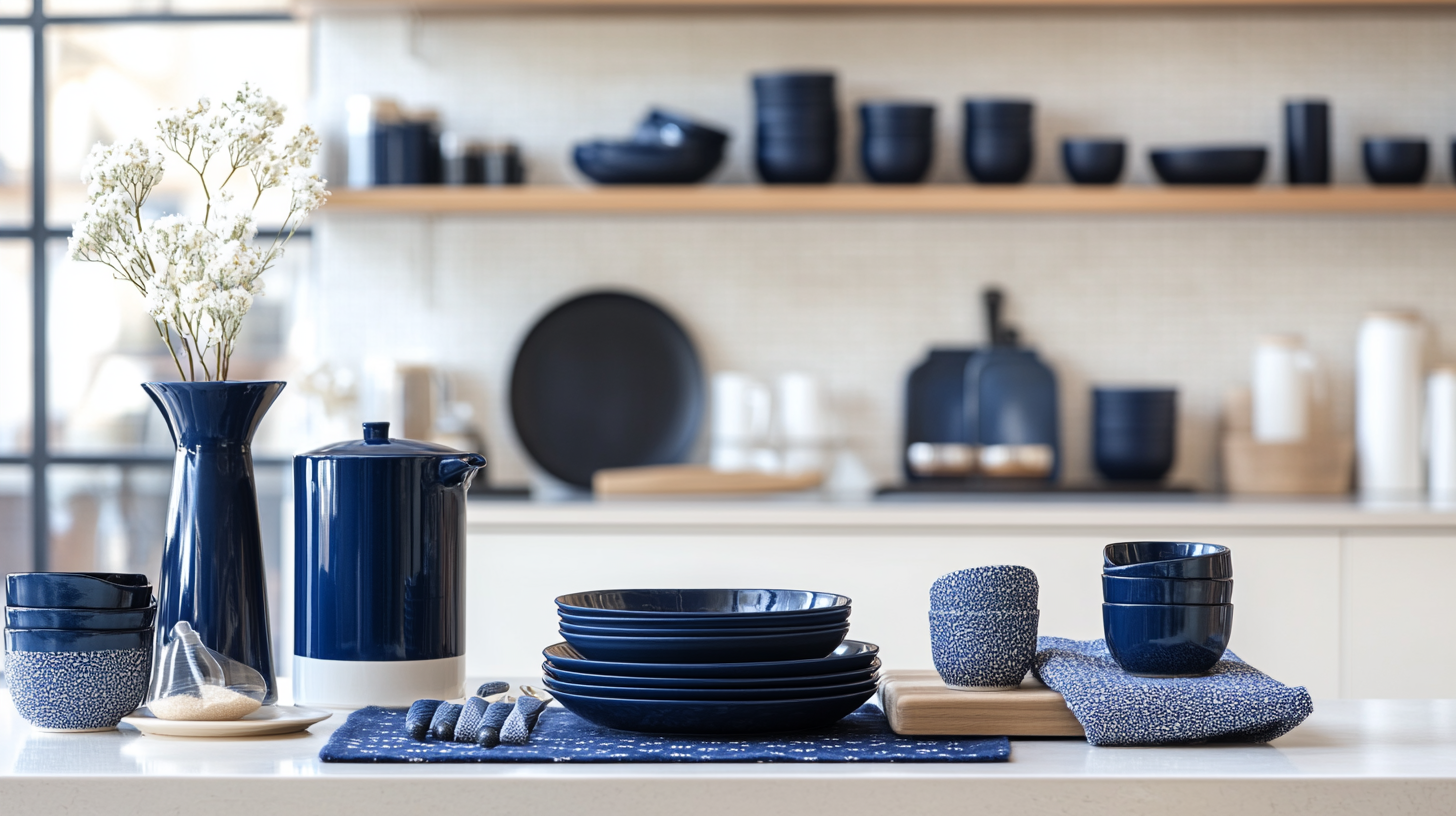 Ivory kitchen with navy blue accents in dishware, vases, and textiles.
