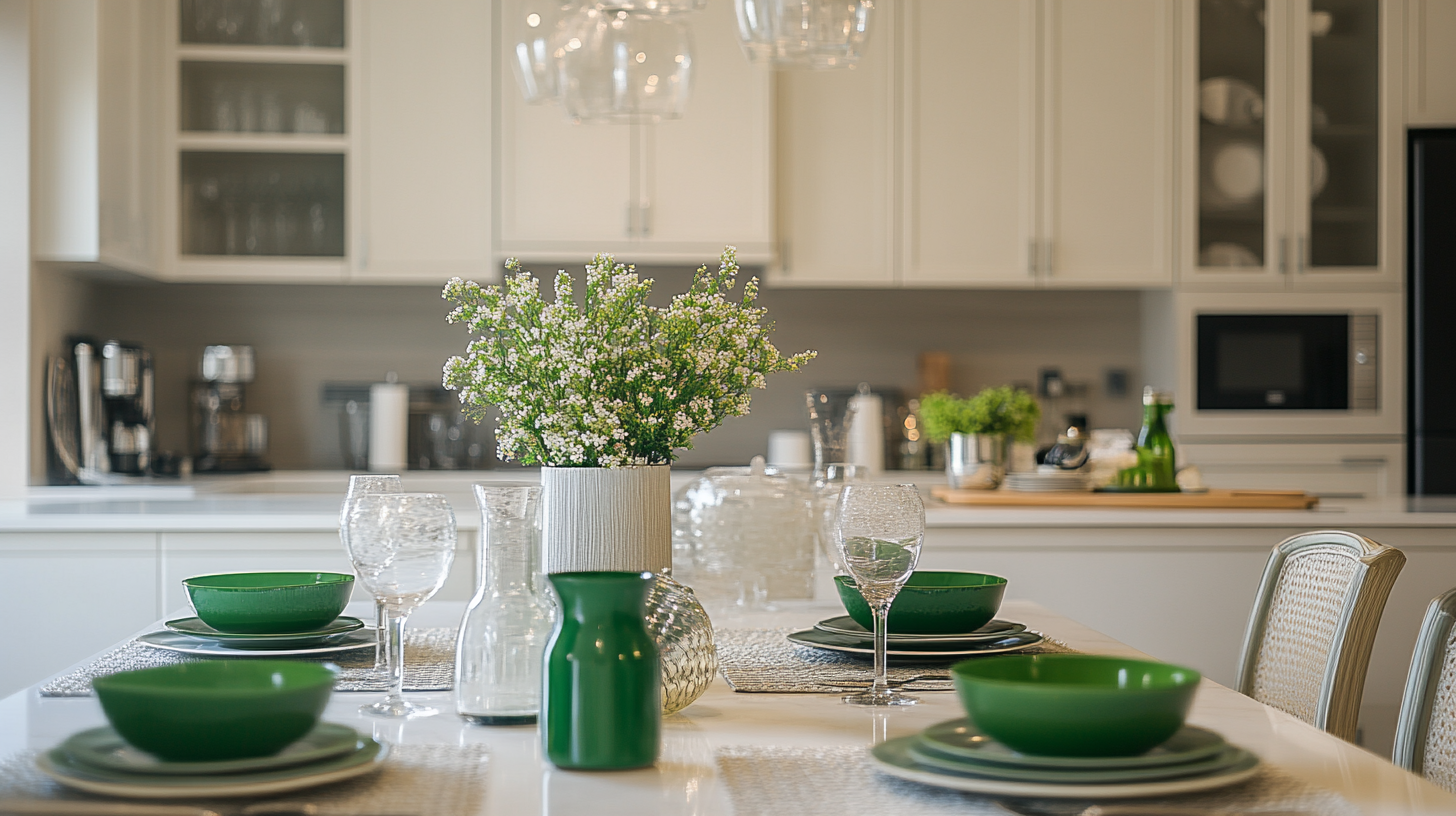 Ivory kitchen with vibrant emerald green dishware and accessories.
