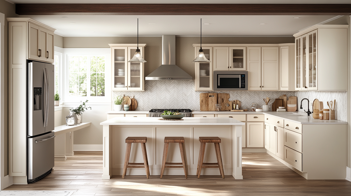 A spacious ivory kitchen with modern appliances and natural light streaming in from large windows, featuring a minimalist design with warm wooden accents and sleek cabinetry.
