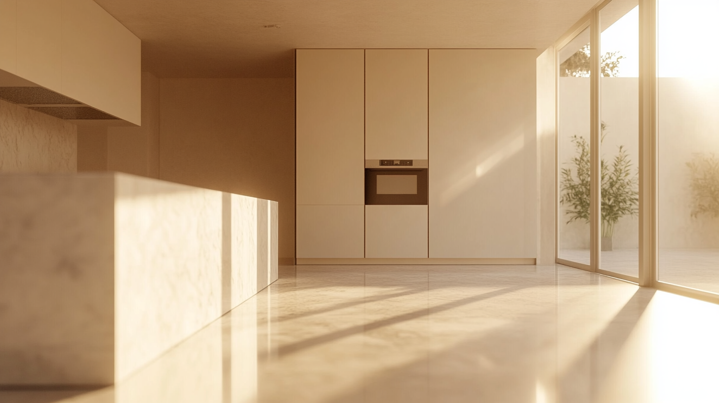A minimalist ivory-colored kitchen with natural light streaming through large glass windows, creating a bright and spacious feel. The modern design features soft-toned cabinetry and a sleek kitchen island.