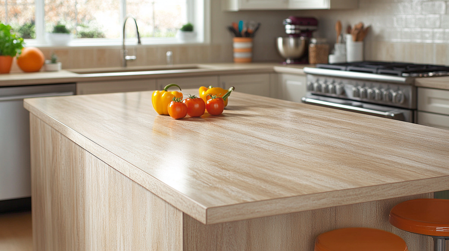 A sleek kitchen with engineered wood laminate surfaces and ivory cabinets.