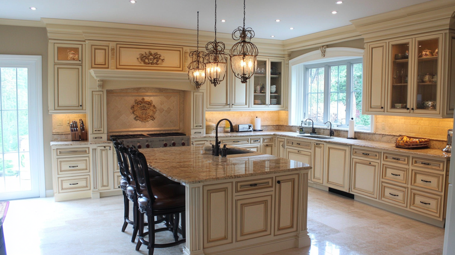 A classic traditional kitchen with ivory raised-panel cabinets, intricate detailing, and elegant brass hardware. The kitchen features a grand central island, beautiful natural stone countertops, and sophisticated lighting that enhances the luxurious ambiance.