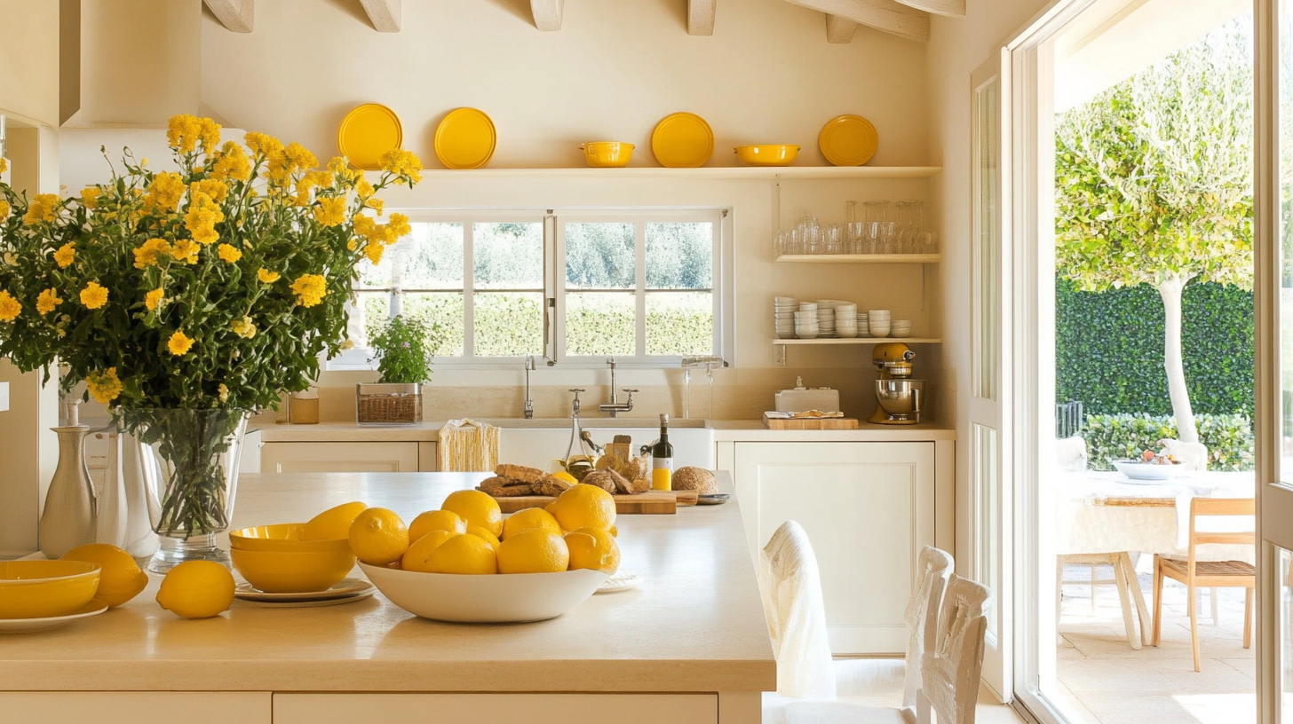 Ivory kitchen with bright mustard yellow dishes and flowers.