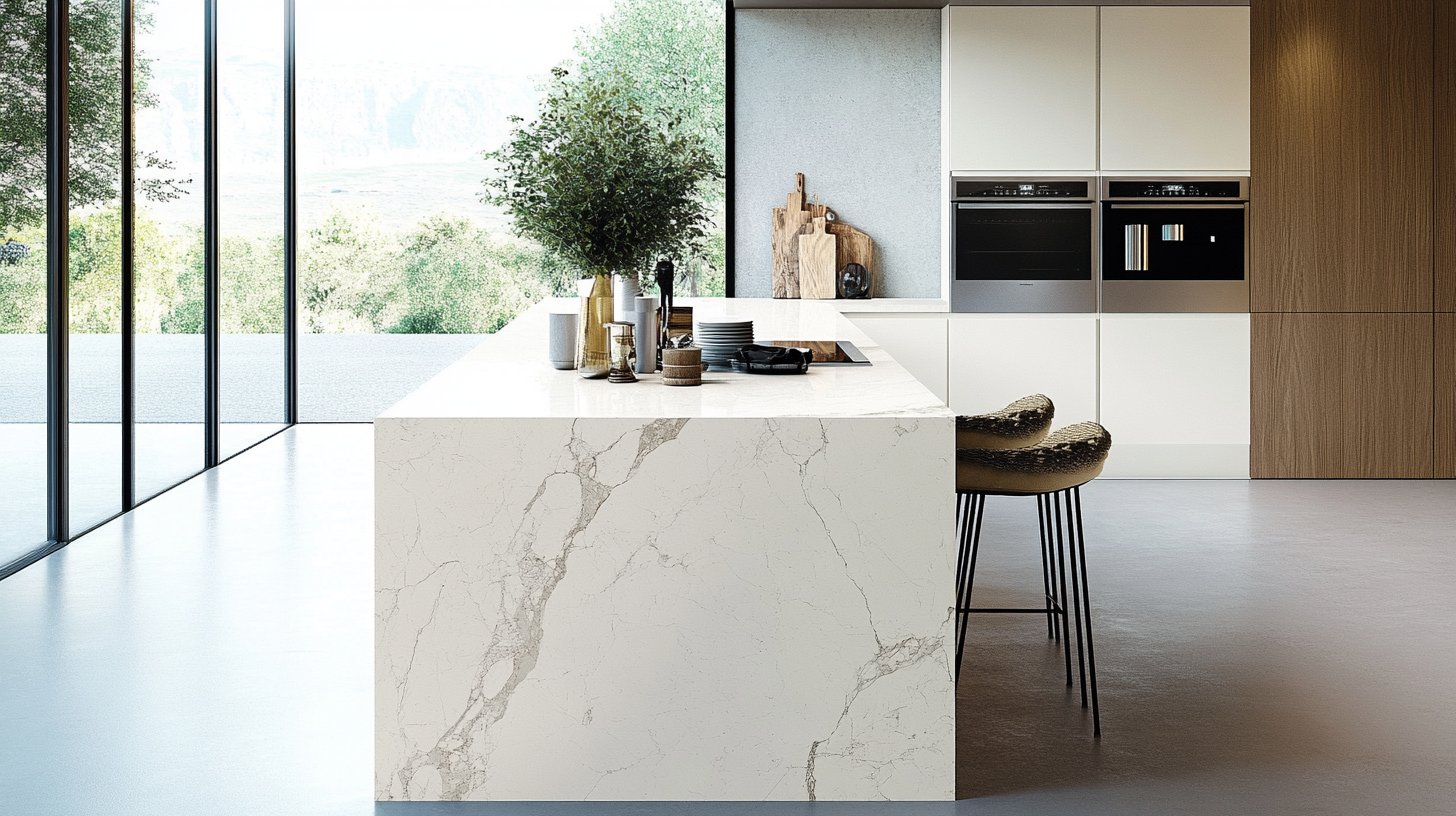 Modern ivory kitchen with a large marble-like quartz countertop and black accents.