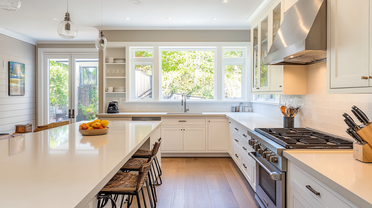 A sleek, modern kitchen featuring ivory flat-panel cabinets and a minimalist design. The kitchen includes a spacious island, high-end appliances, and ample natural light, emphasizing clean lines and a streamlined appearance.