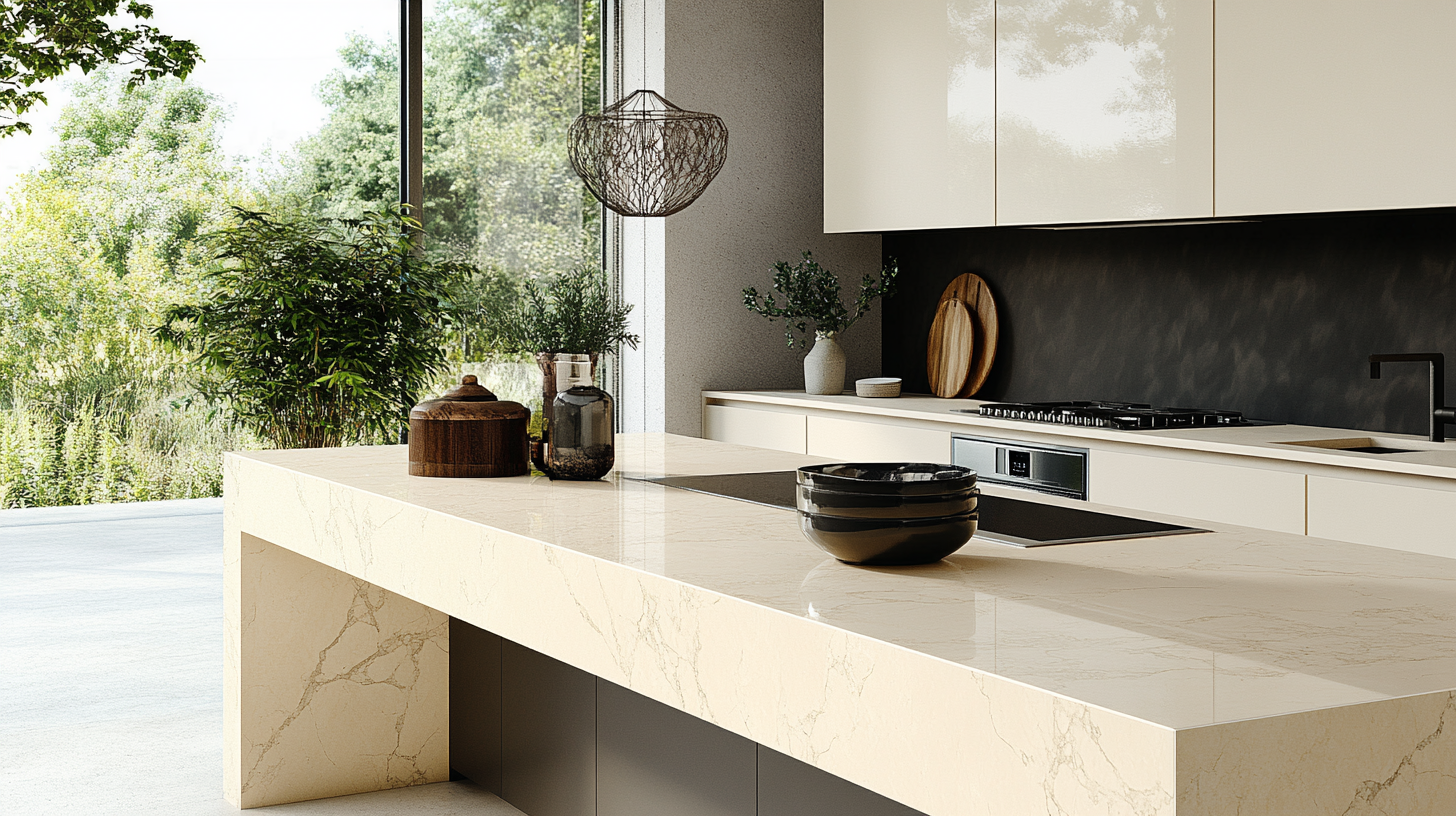 Modern ivory kitchen with prefabricated marble-like quartz countertops, sleek cabinetry, and a minimalist design.