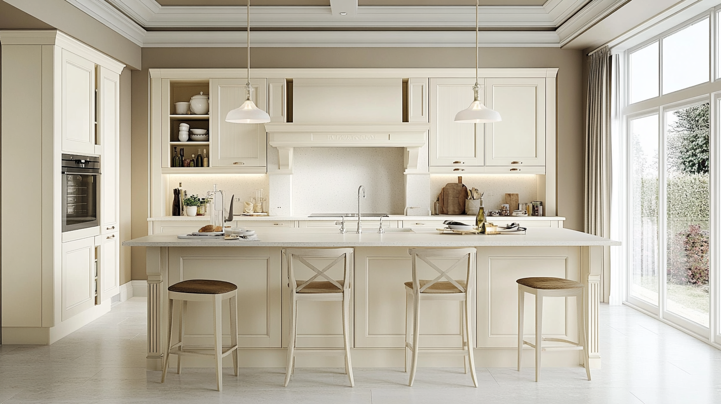 Bright and modern kitchen with ivory cabinetry and a spacious island. Pendant lights hang above the island, creating a stylish and functional space for cooking and gathering with family.