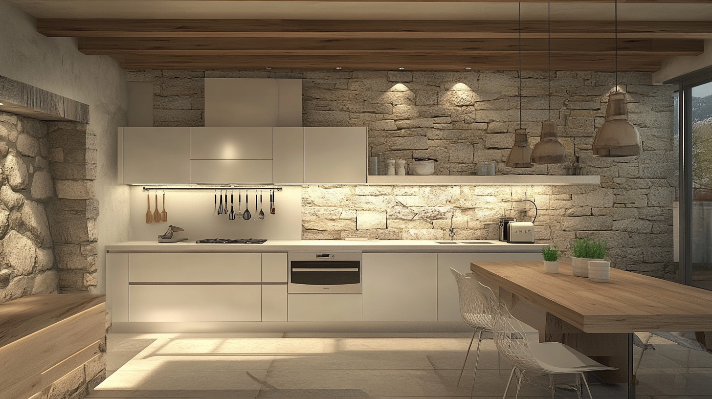 Modern Ivory Kitchen with Stone Accent Wall and Wooden Shelves