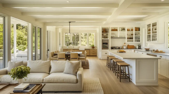 Modern open-concept ivory kitchen with a seamless flow into the dining and living areas. The design utilizes natural light and minimalist elements to create a fresh and airy atmosphere.