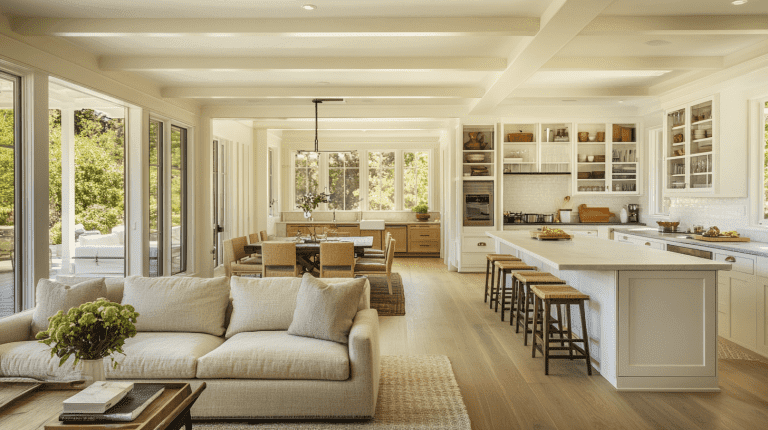 Modern open-concept ivory kitchen with a seamless flow into the dining and living areas. The design utilizes natural light and minimalist elements to create a fresh and airy atmosphere.
