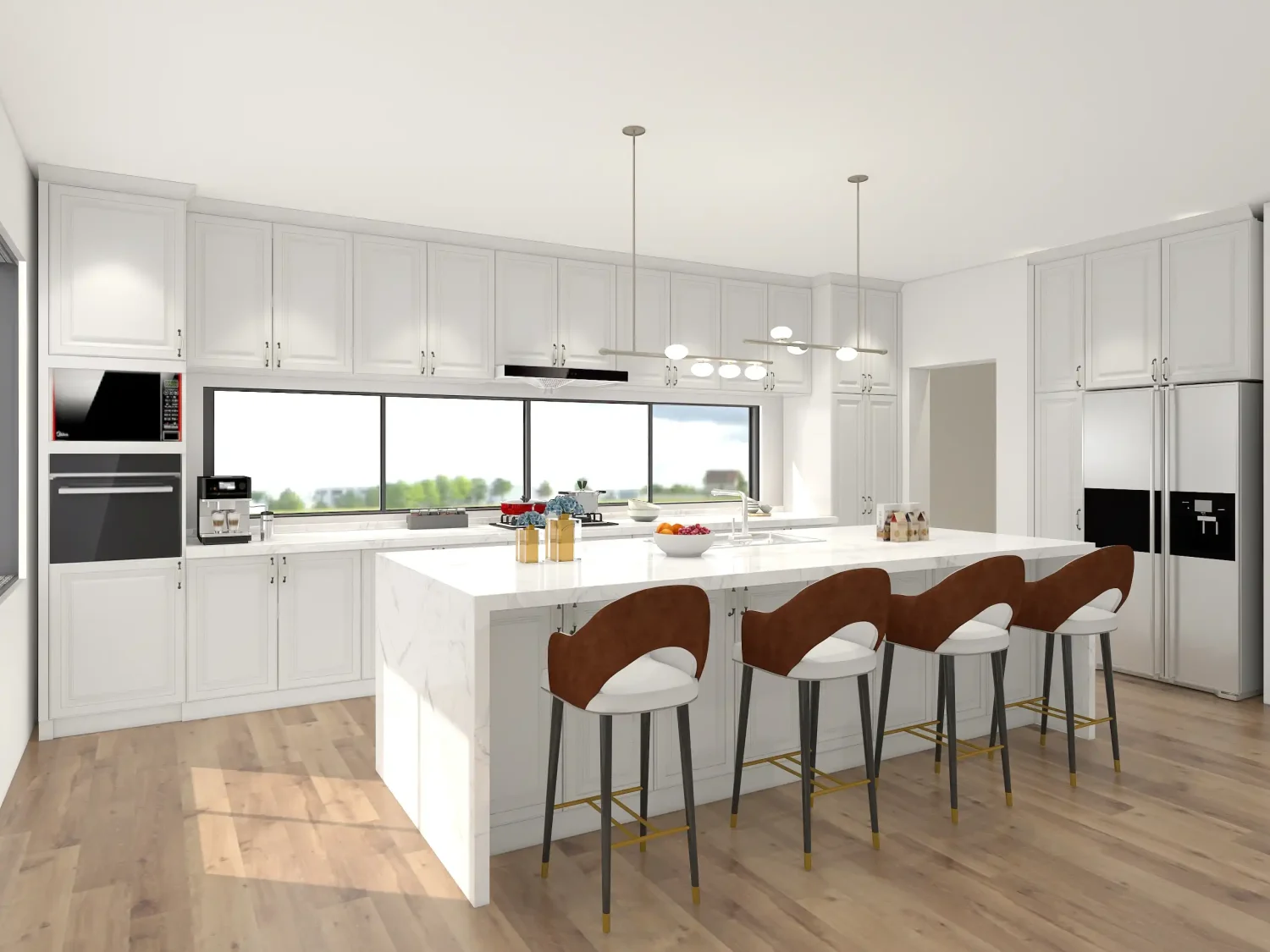 Modern PVC Kitchen Cabinets White Shaker Marble Island Spacious Window