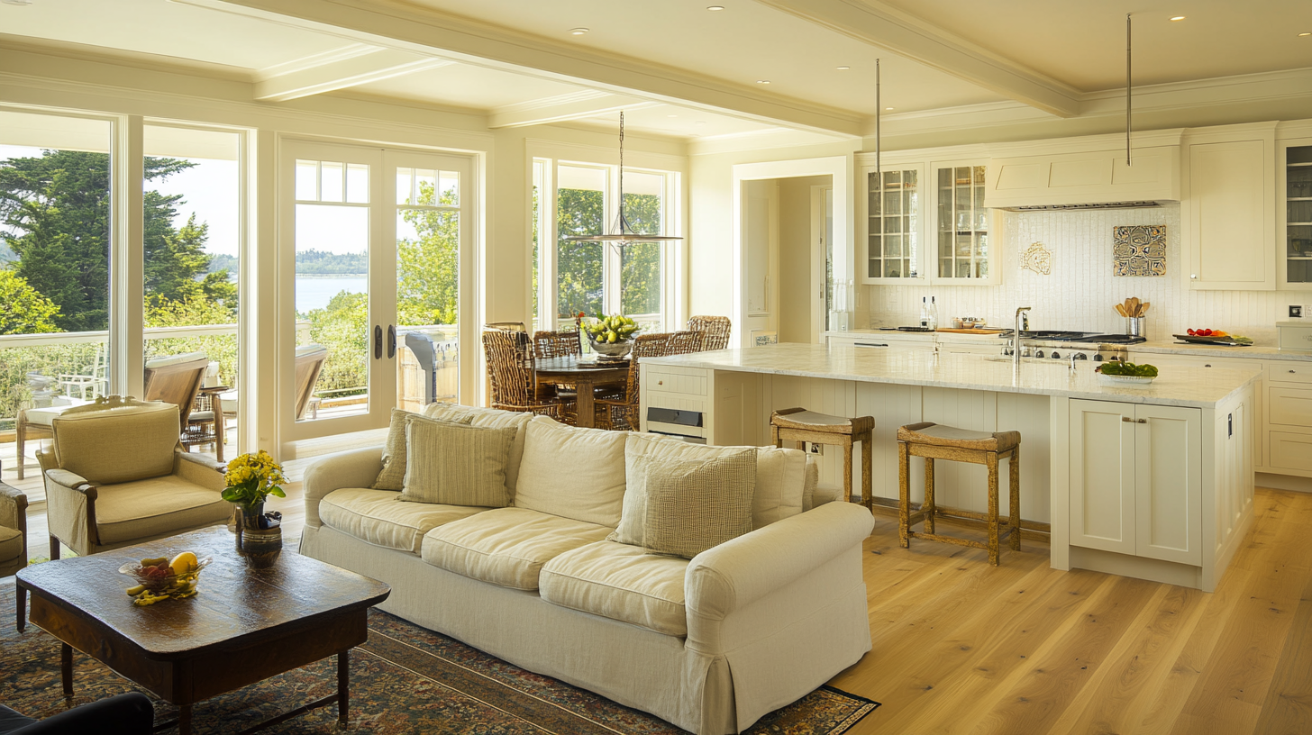 Spacious ivory kitchen with an inviting island, perfect for gathering and entertaining. The design features sleek cabinetry and large windows that bring in natural light, creating a warm and open space.
