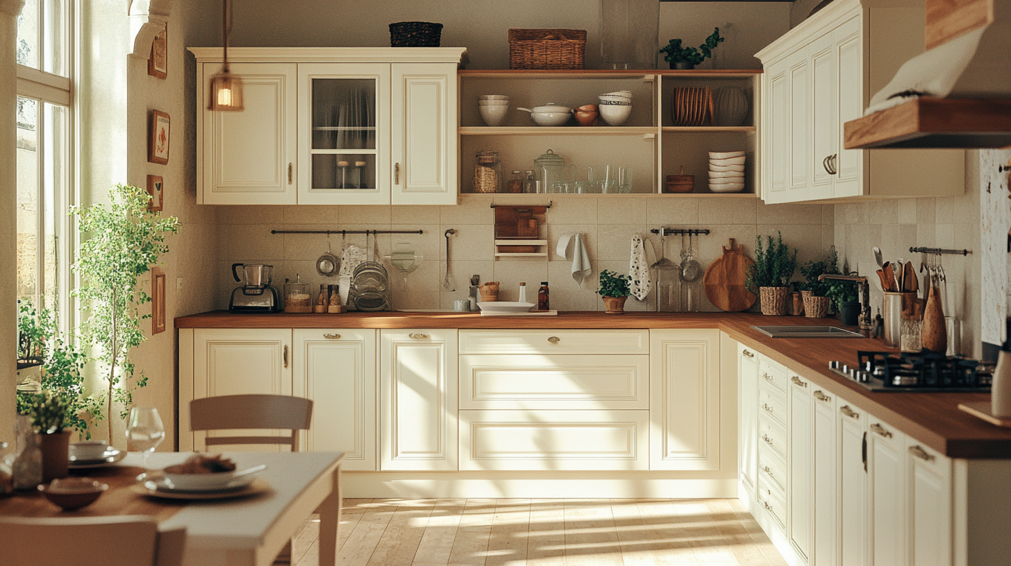 Open-concept kitchen in ivory, seamlessly blending with the dining and living areas. The neutral tones of the ivory cabinetry tie the space together, creating a cohesive and airy environment.