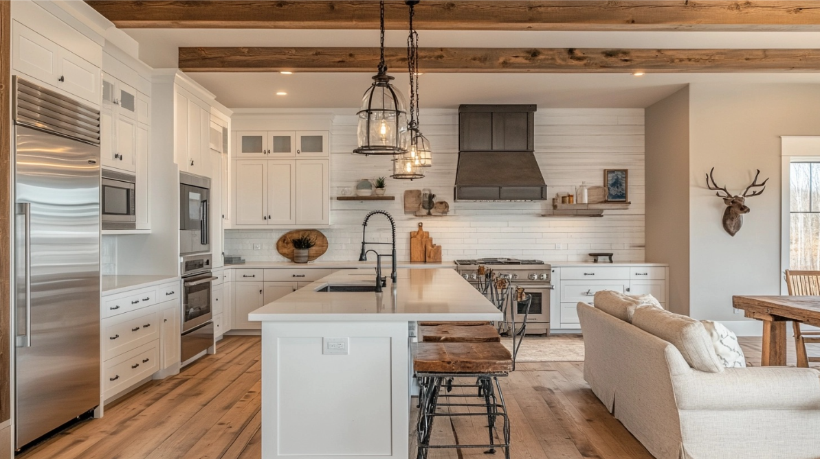 A rustic-inspired ivory kitchen with a large island, wooden beams, and vintage lighting. The design blends modern appliances with farmhouse charm, creating a cozy and timeless space.
