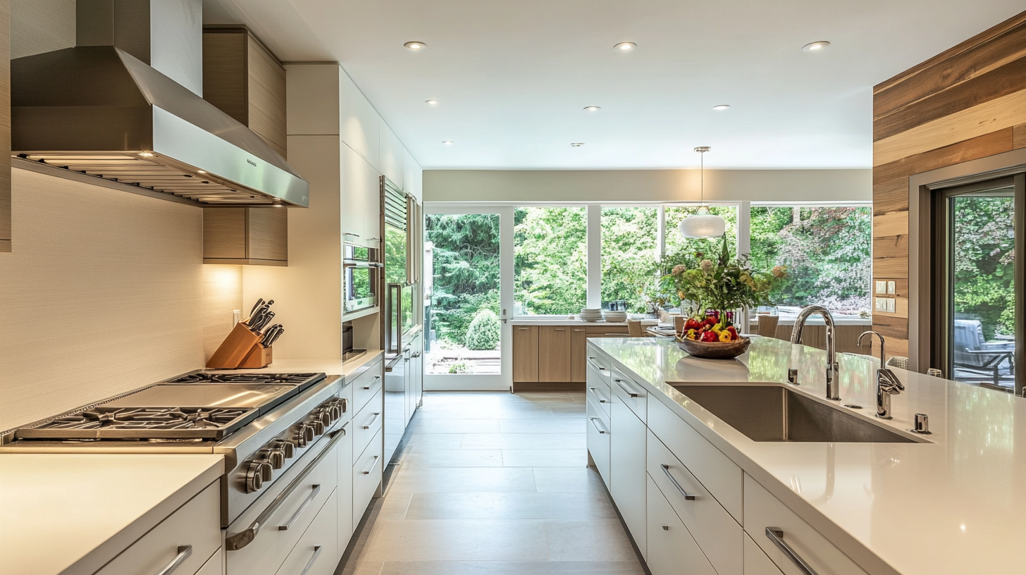 A modern kitchen featuring sleek ivory flat-panel cabinets with minimalist design. The space includes a large island, high-end appliances, and ample natural light streaming through large windows, creating a clean and airy atmosphere.